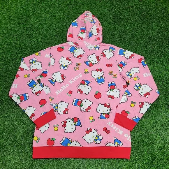 Hello-Kitty Sanrio Zip Hoodie Jacket Womens L/XL 21x27 Pink AOP Lightweight - Picture 2 of 14